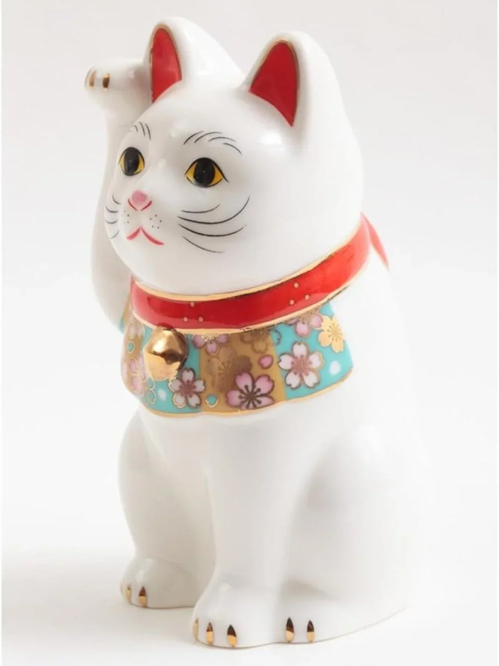 Japanese Lucky Cat Figurine with Cherry Blossom Design - Porcelain Decor in Box